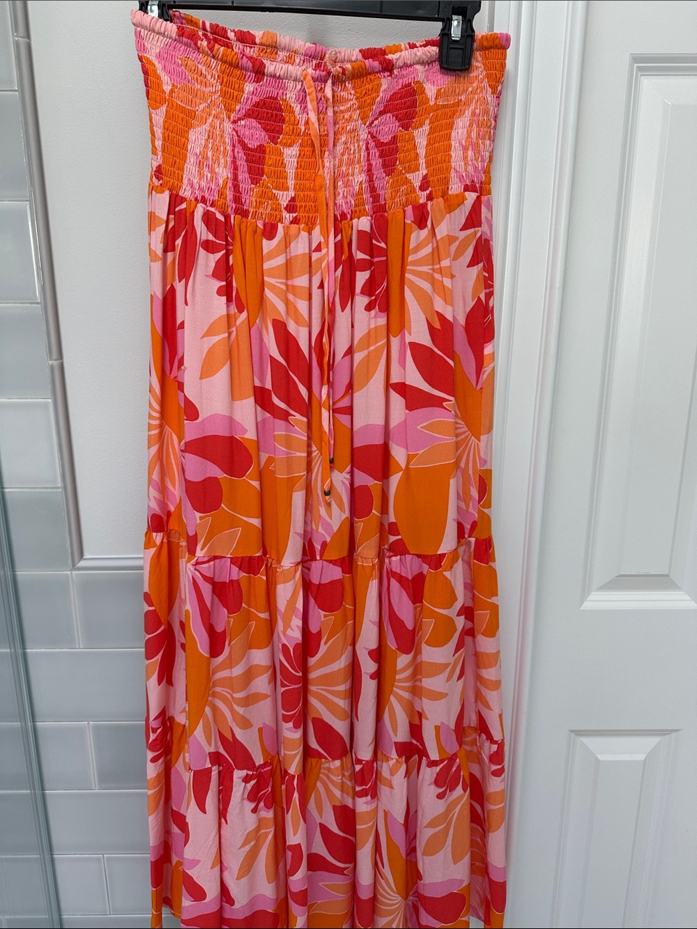 Maxi Smocked Waist Floral Skirt in Pink & Orange